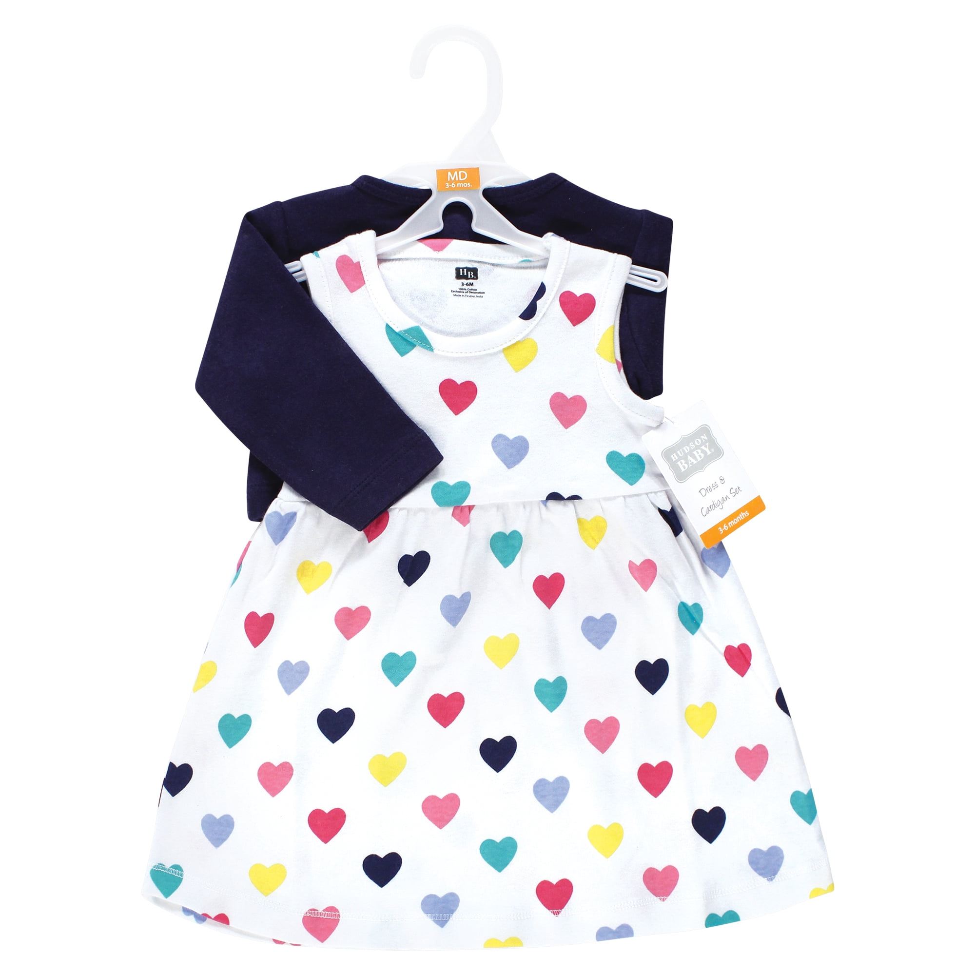 Hudson Baby Infant and Toddler Girls Cotton Dress and Cardigan Set, Navy Hearts, 5T