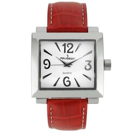 Women's Silver Red Leather Easy Read Big Face Watches