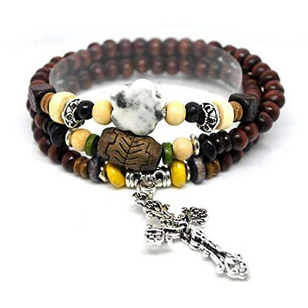 Wood Bead Cross Wrap Bracelet Religious Inspirational Beaded Wood Bead Cross Wrap Bracelet Religious Inspirational Beaded