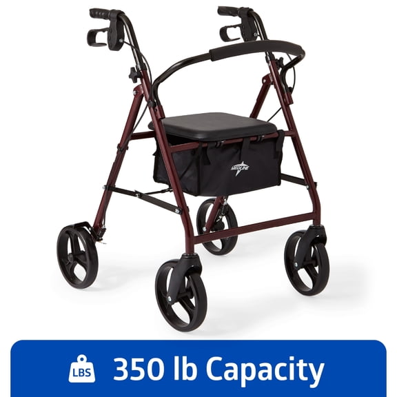 Medline Rolling Walker, Folding Rollator with Seat and 8-In Wheels, Burgundy, 350-lb Capacity, Steel