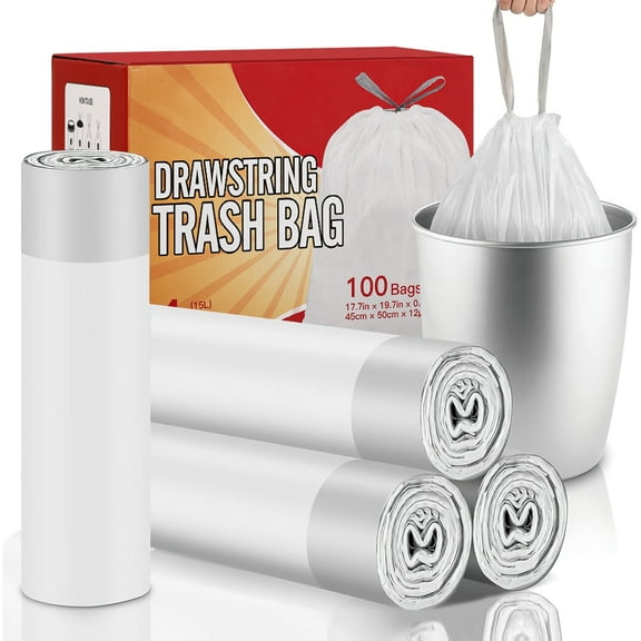 GPED 100 Counts 4 Gallons Strong Drawstring Trash Bags, Leak-Proof Garbage Bags for Small Trash Can, Bathroom, Kitchen, Office, and Car Use, White