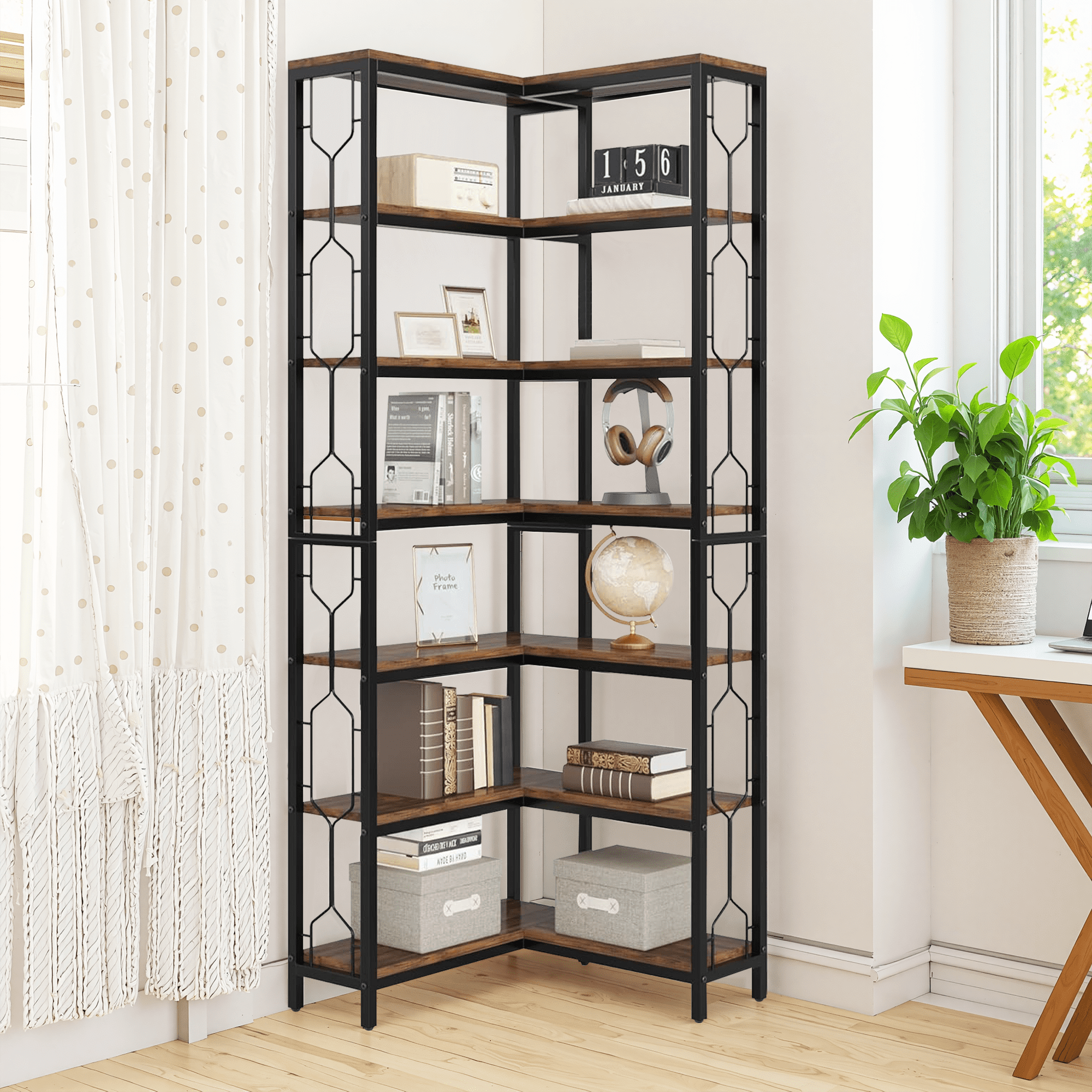 MAYEERTY Hexagonal 7-Tier Corner Bookcase, Space-Saving Industrial Display Rack with Side Railings for Living Room & Office