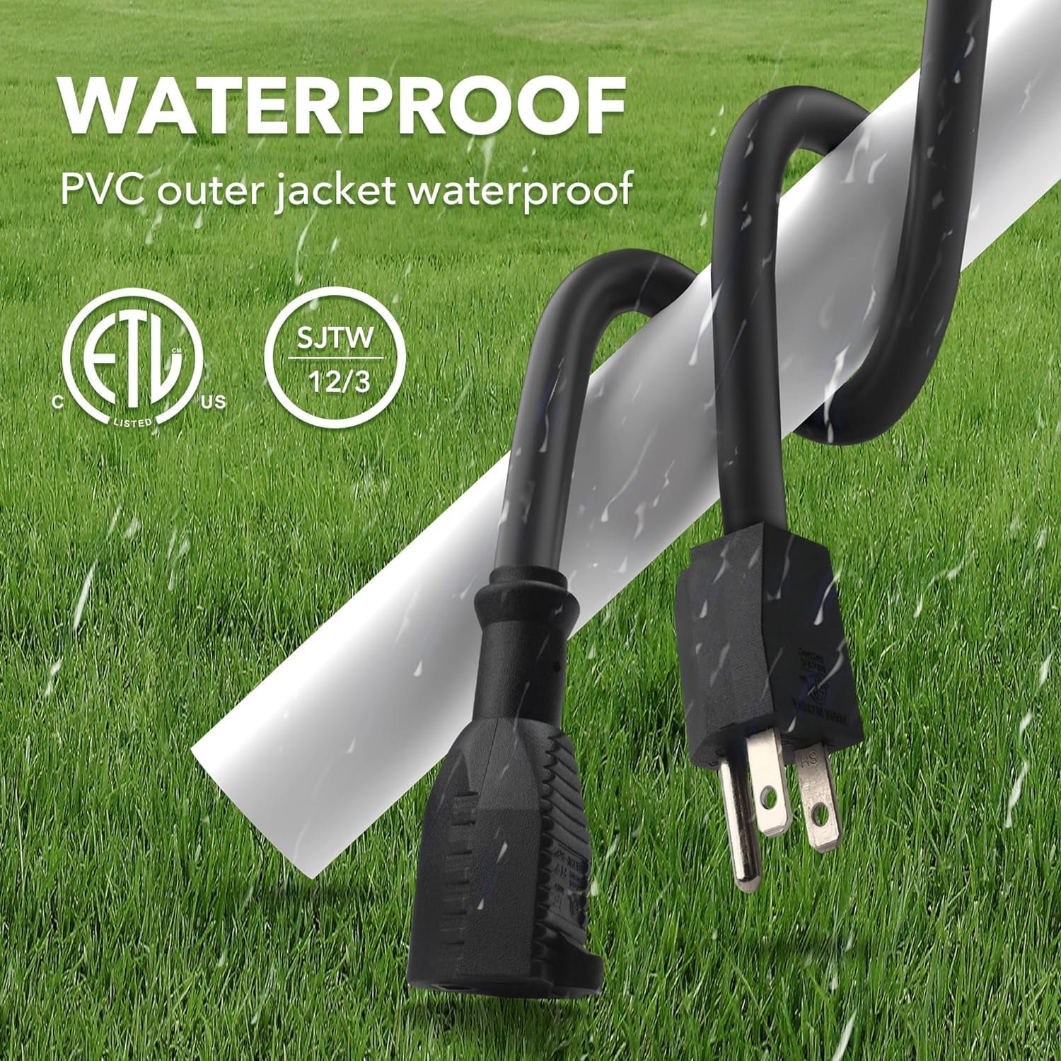 BN-LINK 15ft Outdoor Extension Cord, 15amps,12/3 SJTW Heavy Duty Power Cord, 3-Prong Grounded Plug, Weather Resistant, 1875W, Black, for Lawn, Garden, Appliances, ETL Listed