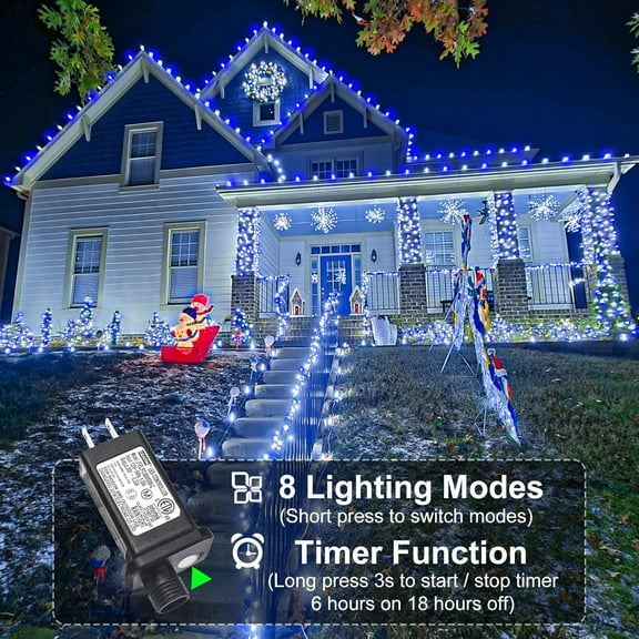 YUYAN-Blue and White Christmas Lights Outdoor, 100FT 300 LED Christmas Tree Lights with 8 Modes Waterproof, Connectable Green Wire String Twinkle Lights for Indoor Patio Garden Xmas Party Decorations