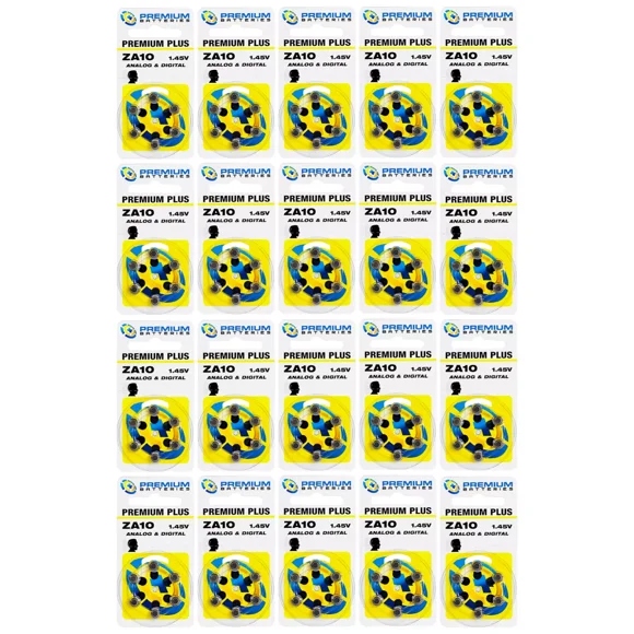 Premium Batteries Size 10 ZA10 1.45V Hearing Aid Batteries Yellow Tab (120 Batteries)