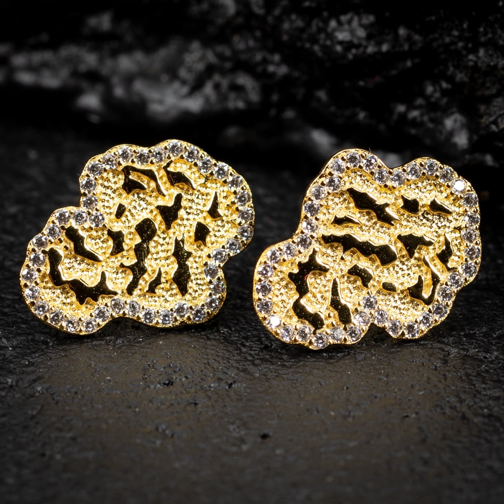 Men's Solid 14K Yellow Gold Plated 925 Sterling Silver Screw Back Post Diamond Cut Stud Cubic Zirconia Retro 90's Hip Hop Iced Cz Solid Nugget Earrings For Men