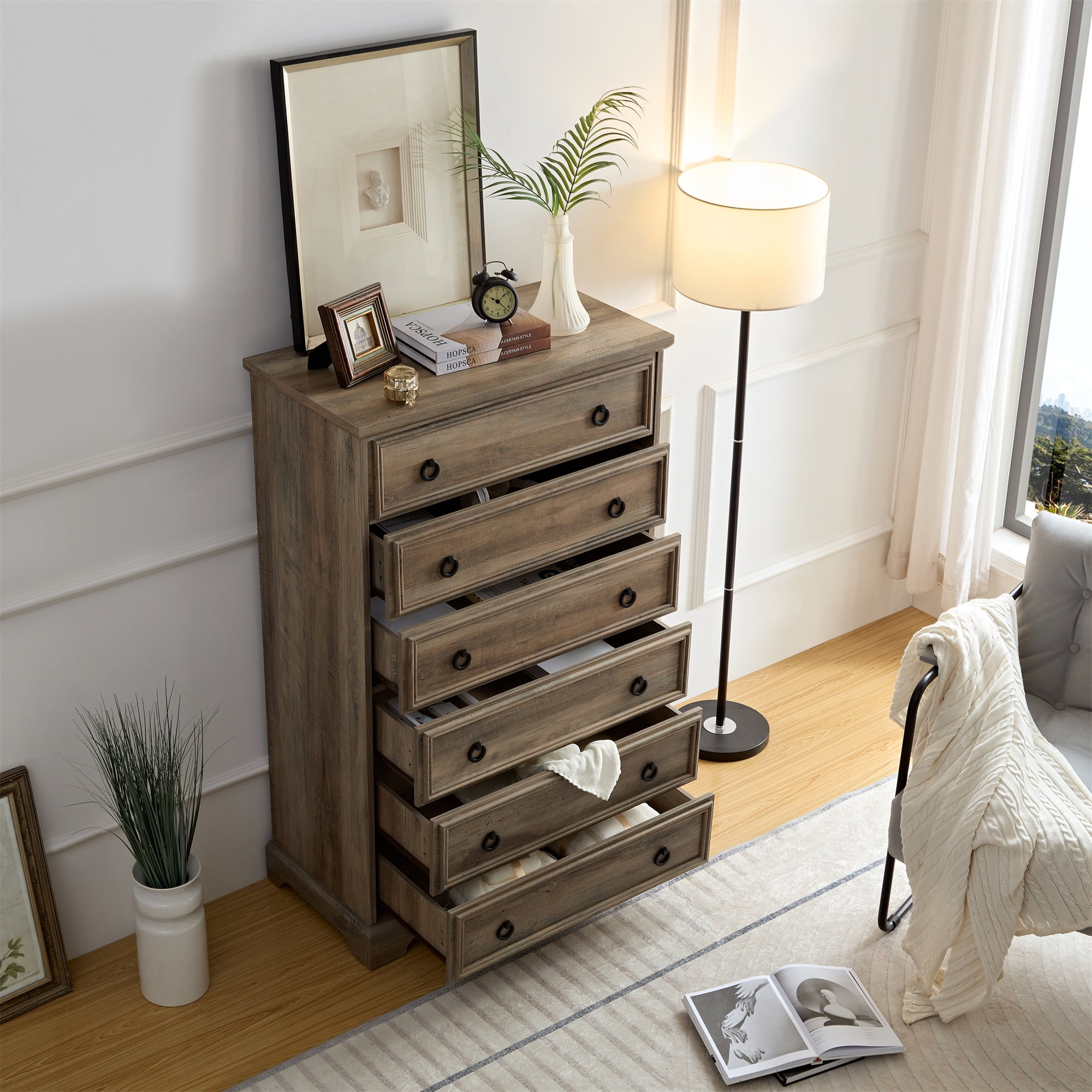 Aukfa 6-Drawer Dresser Chest Tall Drawers Wood Cabinet for Bedroom, Gray Wash
