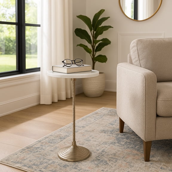 Sagebrook Home Tall Marble Round End Table for Home Decor - Tall Side Table for Bedroom, Sofa, and Reading Chair - 26", White & Gold