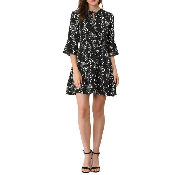 INSPIRE CHIC Women's Floral Bell 3/4 Sleeves Tie Neck Ruffle Hem Dresses