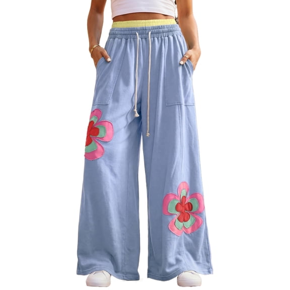 TinyCribz Women's Floral Wide Leg Pants – Drawstring Elastic Waist XL