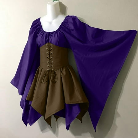 LEBONYARD Dresses for Women 2024 Casual Summer Vintage Gothic Dresses for Women Plus Size Women Costumes Gothic Sleeve Corset Dresses Round-Neck Knee-High Dress Purple L