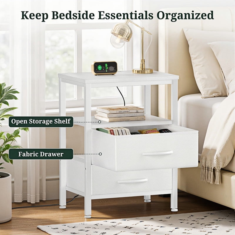 Kelno Nightstand with 2 Fabric Drawers Charging Station Small Bedside Table with Wood Top Open Storage Shelf, White