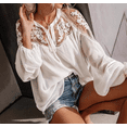 thumbnail image 4 of V Neck Crochet Lace Tops for Women Casual Loose Puff Sleeve Fall Shirts Flowy Chiffon Blouses-White-X-Large, 4 of 5