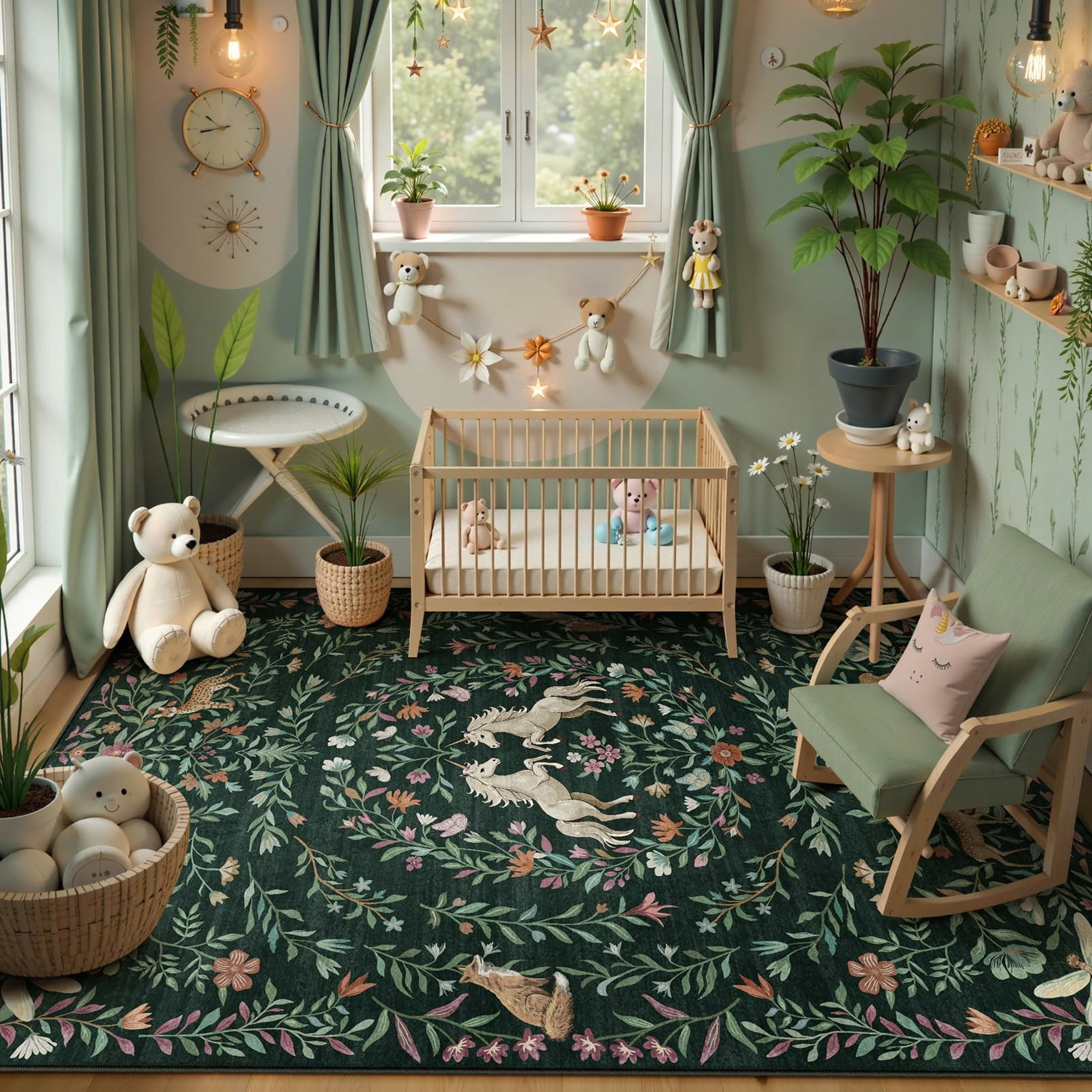 Moynesa 8'x10' Fantasy Garden Area Rugs for Living Room, Washable Vintage Botanical Unicorn Rugs for Bedroom, Large Victorian Accent Carpet for Dining Room Nursery Playroom, Dark Green