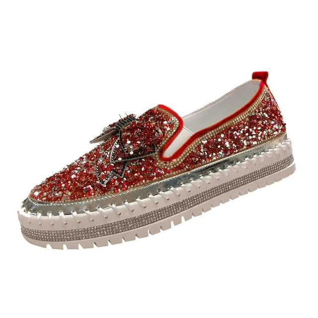 Zapatos, zapatillas sin cordones de moda para mujer, con brillantina y pedrería, mocasines de plataforma con lazo, zapatos planos casuales para niñas, zapatillas para correr, botas vaqueras.