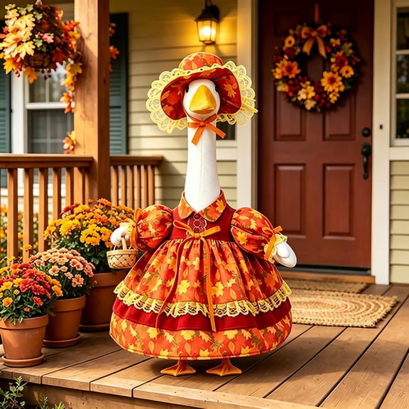 Fmbmuo Front Porch Goose Outfits Fall Orange 23" Outdoor Decor, Waterproof, Tropical Plastic Porch Goose Costume Set Goose Decoration for Garden Lawn