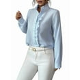 thumbnail image 2 of Women'S Button Down Shirt Stand Collar Ruffle Top Striped Long Sleeve Shirts Work Tops for Women Trendy Blue L, 2 of 7