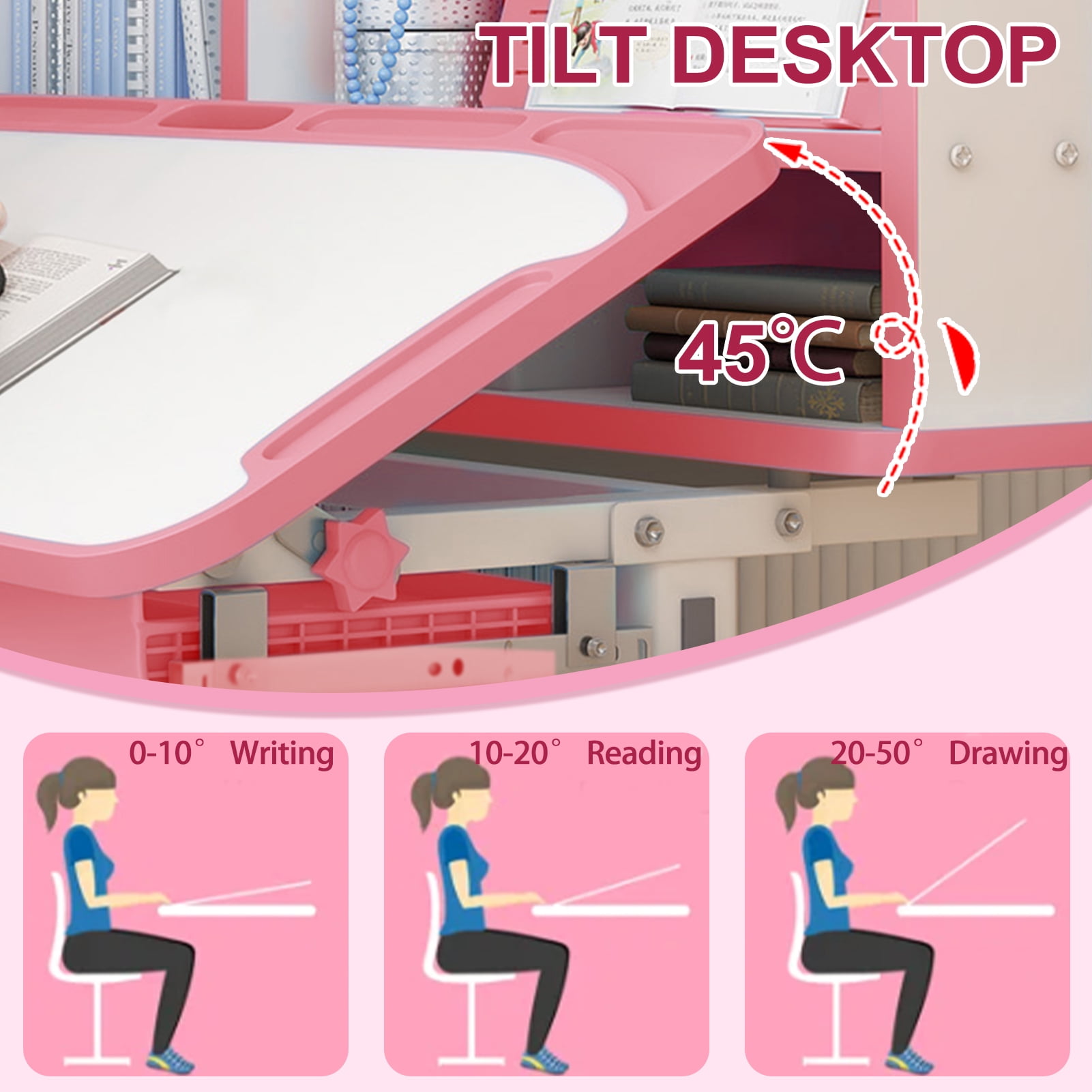 Thehsnt Kids Study Desk Chair Set, Height Adjustable Children School Study Table Chair Set with Sitting Corrector, Ergonomic Desk Chair with Book Stand, Foot Pedal