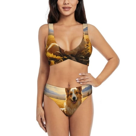 Zeuib Pastoral Sunflower Corgi High Waisted Tummy Control Bikini Set - Knot Front Push Up Top & Cheeky Thong Bottom  Two-Piece Swimsuit for Women-X-Large