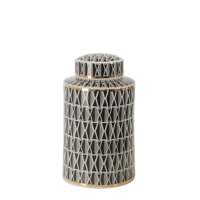 Sagebrook Home Ceramic 12" Covered Jar, Criss-Cross, Black