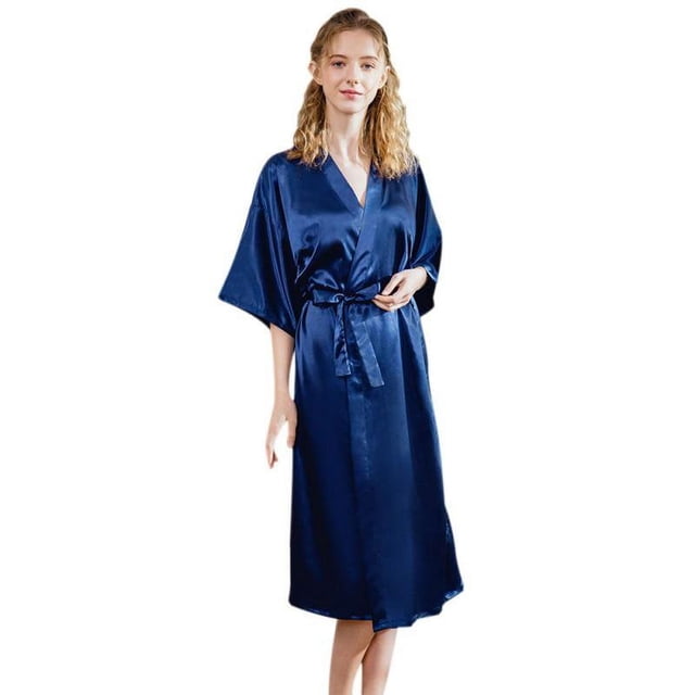 CHUANK Robe Courte en Satin Style Kimono Décontractée pour Femmes, Vêtement de Nuit à Manches 3/4