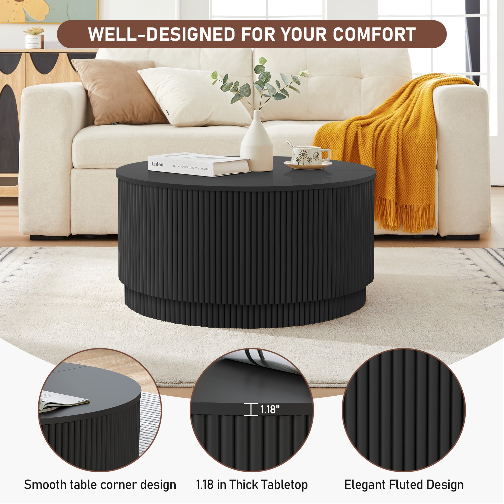 PHOYAL 31.5" Fluted Round Coffee Table with Flip Top and Hidden Compartments Storage for Living Room, Black
