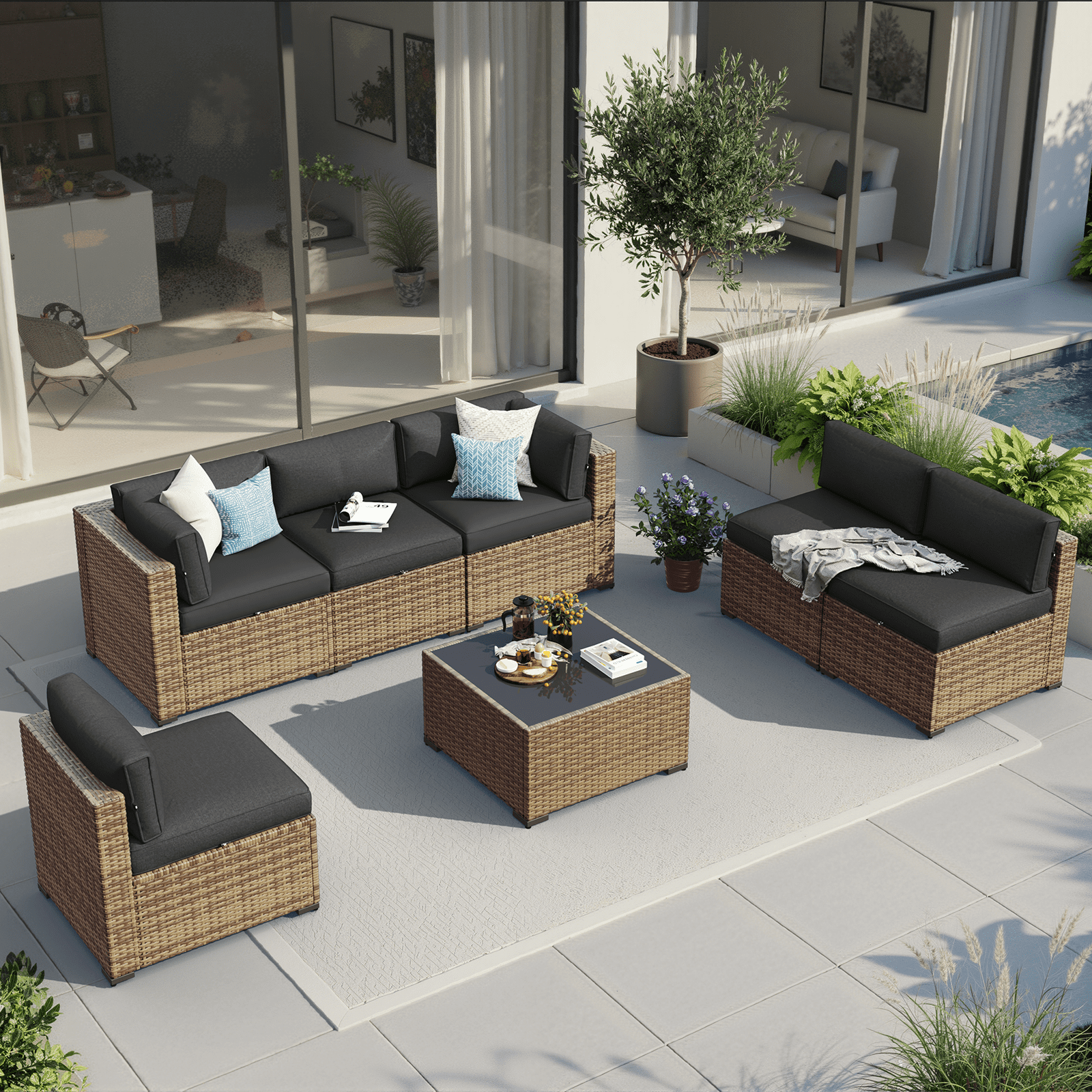 Aoxun 7 Piece Patio Furniture Set Wicker Rattan Patio Conversation Set Outdoor Sectional Sofa Set with Coffee Table and 4” Thickened Cushions, Black(Waterproof Cover Included)