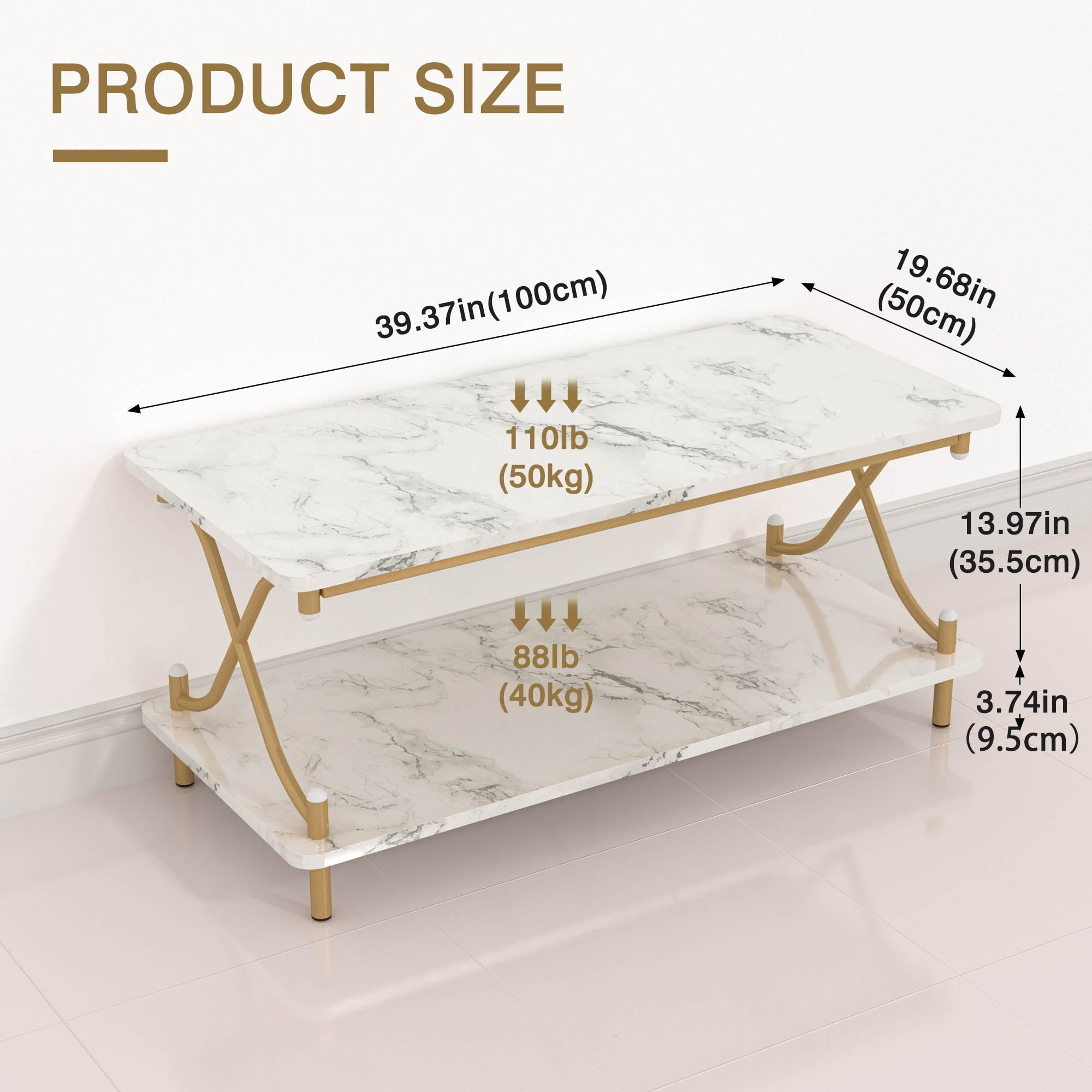 VECELO Rectangle Coffee Table with Storage Shelf, Modern X-Design Side Metal Frame for Living Room Office, White & Gold