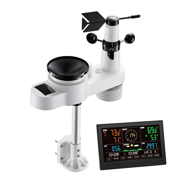 KFFKFF 5-in-1 Wi-Fi Weather Station with 7.5-Inch VA Display, Solar-Powered Wireless Outdoor Sensor, Rain Gauge, and Indoor/Outdoor Monitoring for Weather Forecasting, Wind, Temperature, Humidity