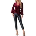 thumbnail image 2 of INSPIRE CHIC Women's Velvet Blouse V Neck Long Sleeve Tie Waist Peplum Tops XS Burgundy, 2 of 6