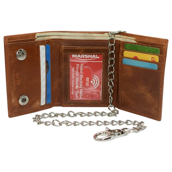 RFID Blocking Men's Tri-fold Leather Biker Silver Chain Wallet With Snap Closure