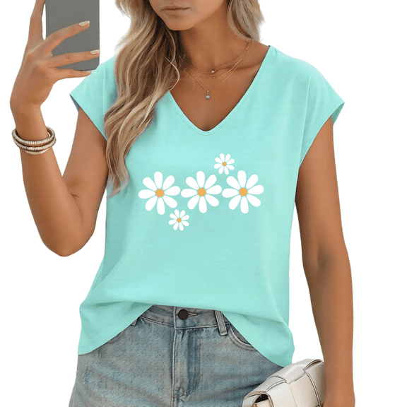 UNISHE Women's Retro White Daisies with Yellow Centers V-Neck Sleeveless T-Shirt Comfortable Daily Tank Top