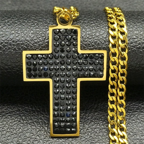 Christian Cross Jesus 14K Yellow Gold Necklace for Women/Men Gold Silver Color Rhinestone Punk Chain Jewelry