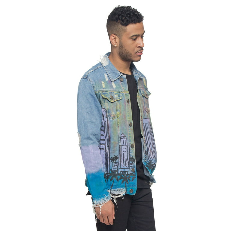 Victorious Men's Hoodie Layered Ripped Denim Jacket with Removable Hood  DK140 - Indigo/White - Small 