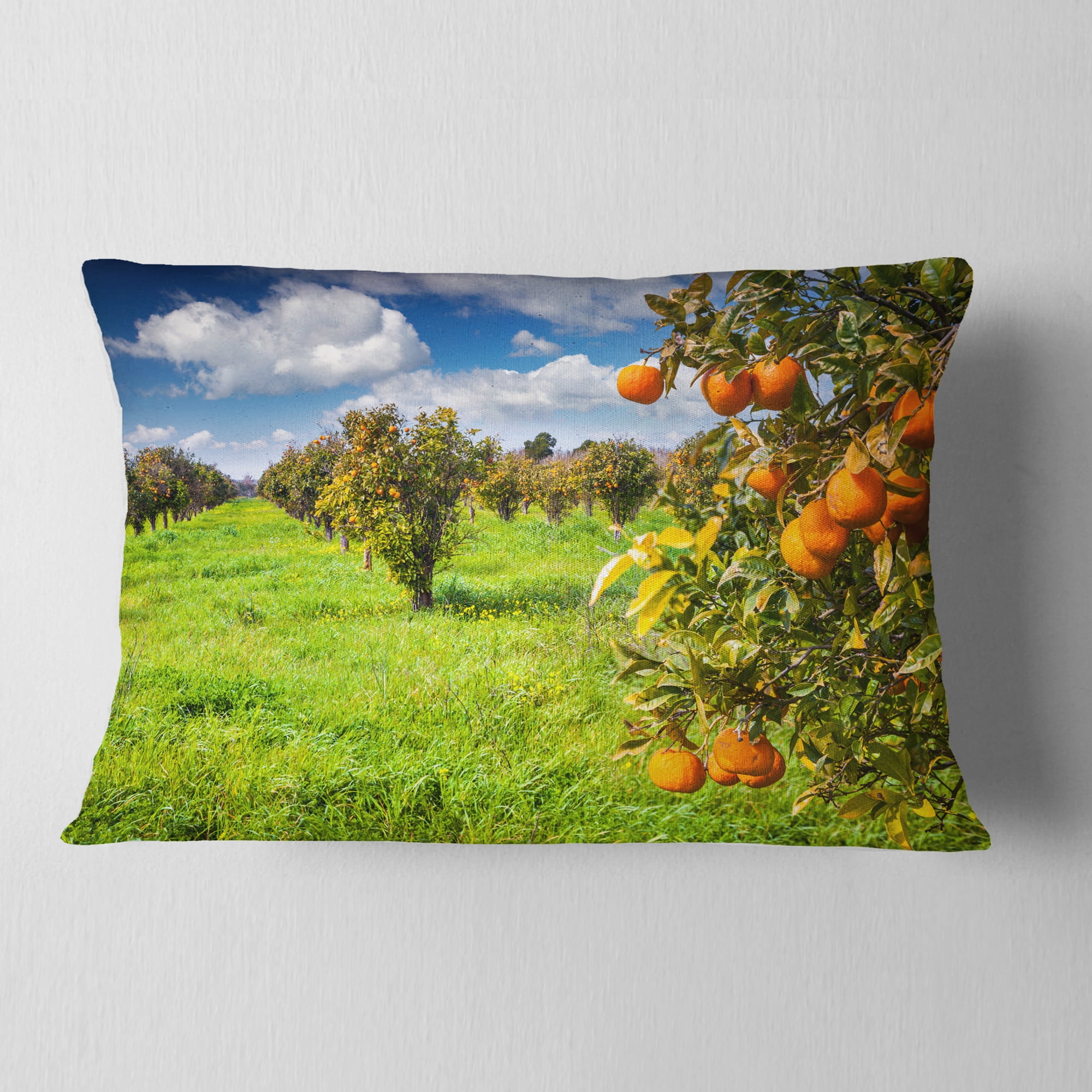 Designart Bright Green Grass in Orange Garden - Landscape Printed Throw Pillow - 12x20