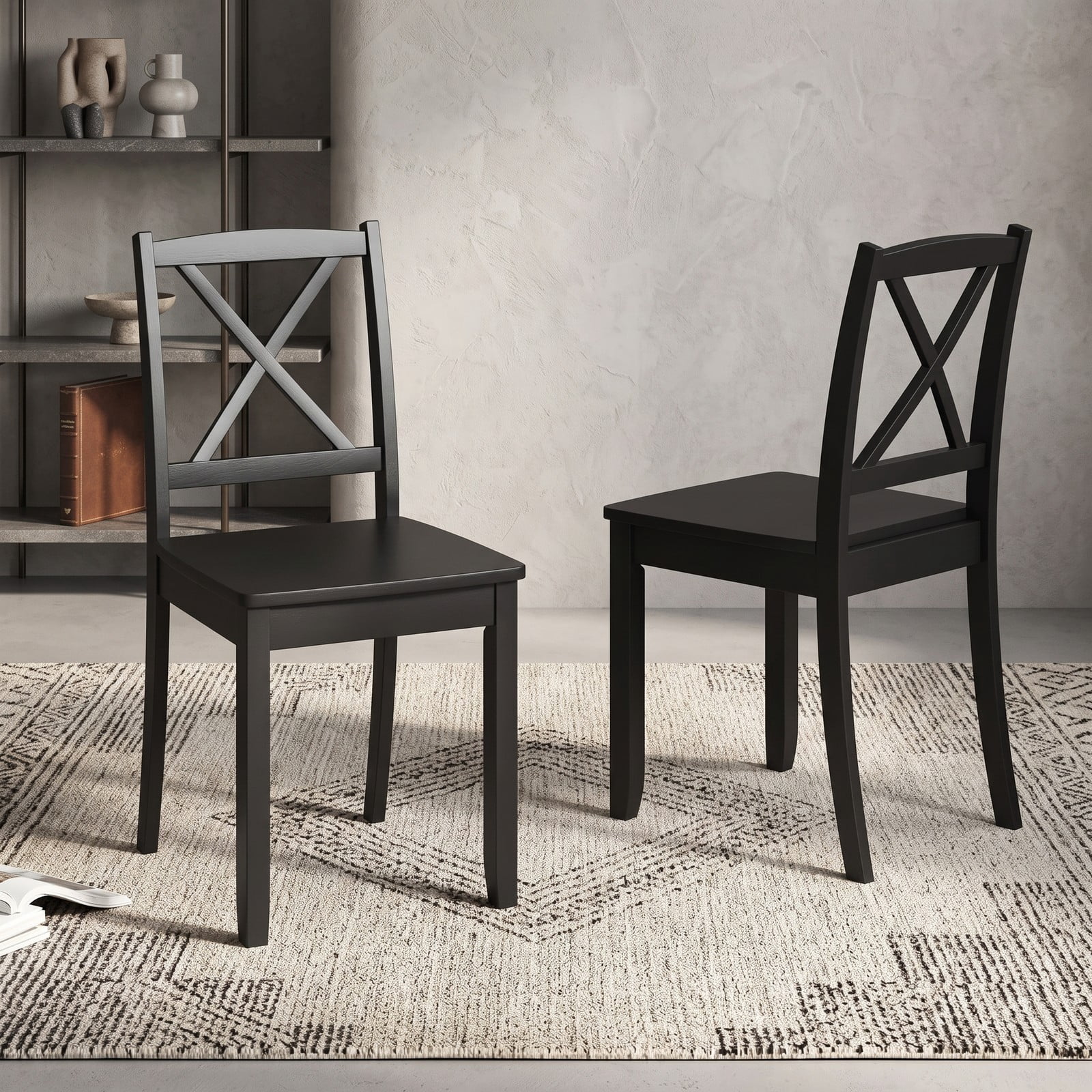 Furnibear Wood Dining Chair Set of 2, Farmhouse Kitchen Side Chairs with Rubber Wood Legs, Curved Cross Back and Non-Slip Foot Pads for Dining Room, Black