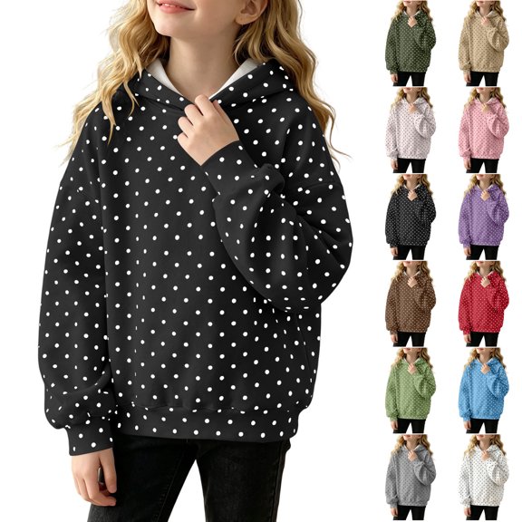 TGSLY Girls' Polka Dot Hooded Sweatshirt Lightweight Drop Shoulder Long Sleeve Workout Tops Loose Casual Fall Winter Layering Pullovers 7-8Years