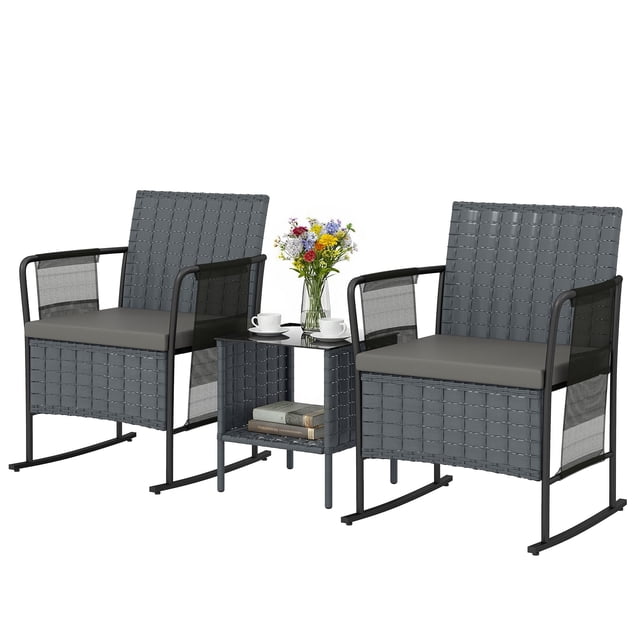 3-Piece Outdoor Rocking Bistro Set, Grey PE Wicker & Steel Patio Furniture with 2-Tier Glass Table, Cushioned Mesh Seating & Side Pockets for Balcony, Porch, or Small Garden Space