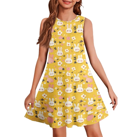 LTTVQM Girls Easter Dress Bunny Egg Graphic Happy Sleeveless Sundress Comfy Crew Neck Midi Dress Vacation A-Line Dresses Yellow 7-8 Years