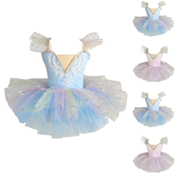 Agkizg Girls Dance Dress Sleeveless V-Neck Mesh Tiered Tutus Performance Gown Comfortable Fitting Dress,Sizes 11-12 Years