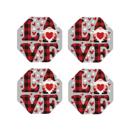 

Fuzoiu Buffalo Plaid Love And Gnome Print Leather Coasters Set Drink Coasters Set of 4 for Tabletop Protection Durable PVC Coasters Home Décor and Housewarming Gift-Octagon