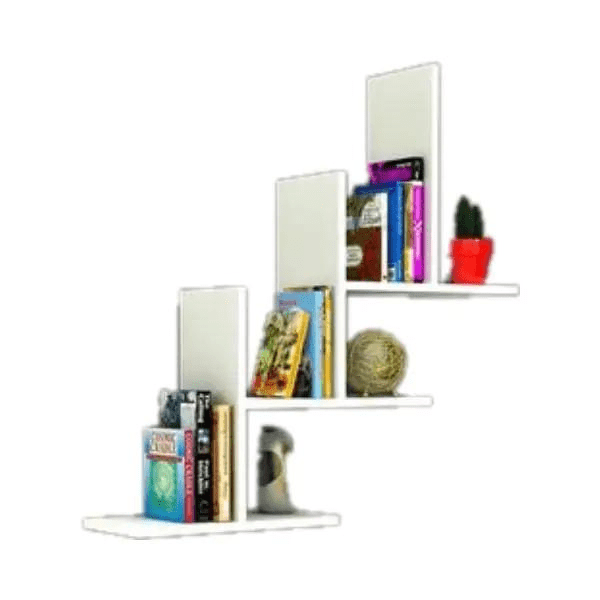 set 3 repisas flotantes libreros empotrables en pared Blanco Siberia, tres repisas escalonadas frontales con separadores verticales empotrables que crean nichos para libros y objetos; superficies lisas blancas y montaje empotrado visible, ejemplo con libros, bola decorativa y maceta; ideal para organización y exhibir decoración, también aptas para ordenar accesorios pequeños.