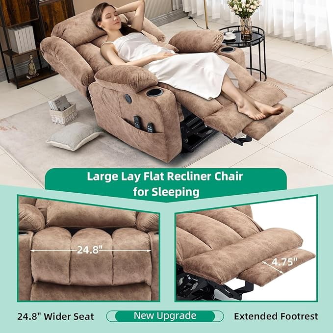 VIVIJASON Tall Man Dual Motor Power Lift Recliner, Oversized Lay-Flat Sleeper with Extended Footrest, Heat, Massage, Lumbar Pillow & USB/Type-C, Plush Brown