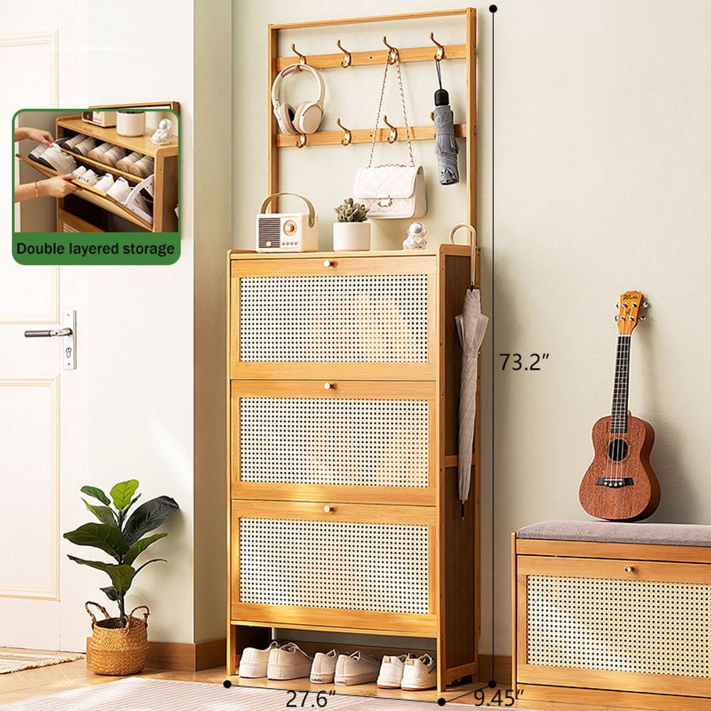 WGYPRIME Shoe Cabinet with 3 Rattan Flip Drawers, Farmhouse Style Bamboo Shoe Storage Cabinet with Coat Hooks, Freestanding Shoe Rack Organizer for Entryway, Hallway, Closet, Living Room
