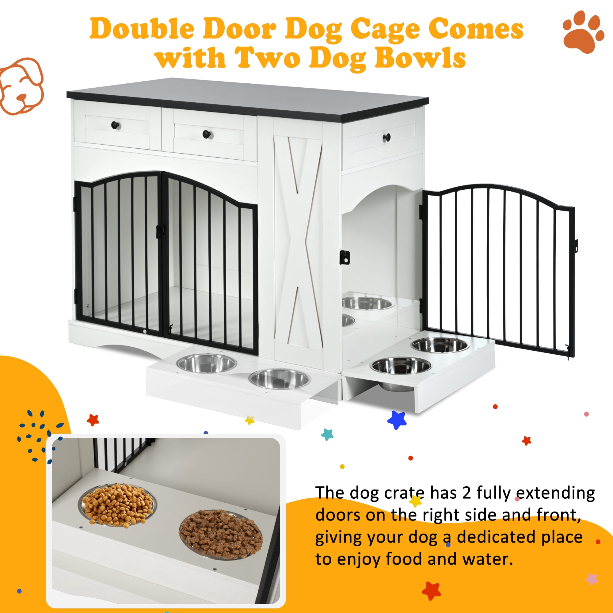 Mintazer 43.3" Farmhouse End Table Dog Crate Furniture & 2 Doors, Indoor Pet Kennel with 3 Storage Drawers & Detachable Feeder Tray, Dog Cage End Table for Medium Large Dogs, Black & White