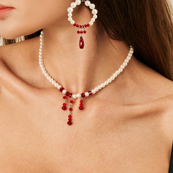 Top-kevin Gothic Style Imitation Pearl Beaded Necklace for Women - Halloween Blood Crystal Tassel Necklace with Red Beads, April Birthstone Jewelry, All-Season Versatile Party Banquet Holiday Gift