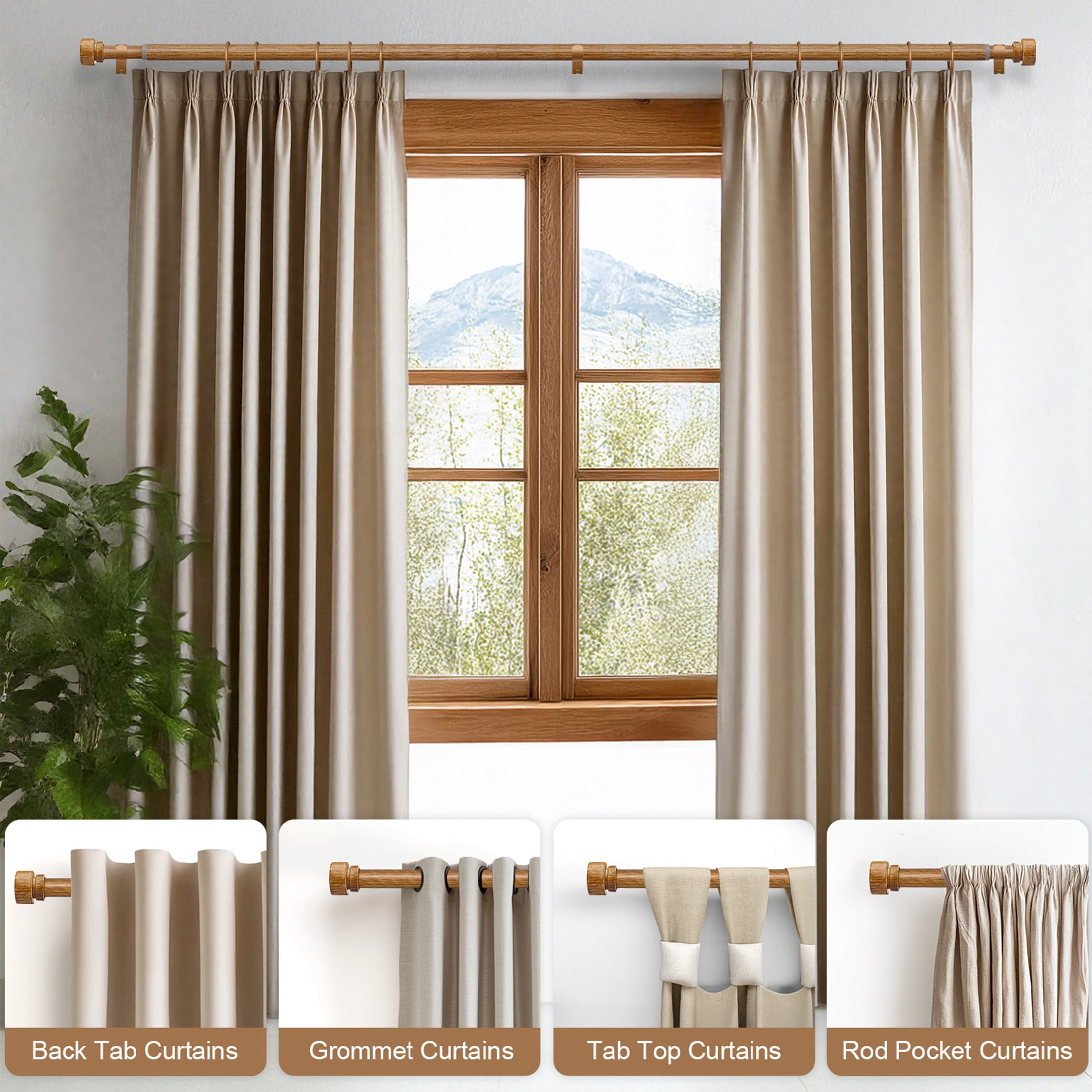 Yokila Wood Curtain Rods for Windows 16 to 60 Inches 1" Diameter Boho Decorative Heavy Duty Window Curtain Rod Adjustable with Solid Finials for Living Room Bedroom Kitchen Farmhouse Outdoor