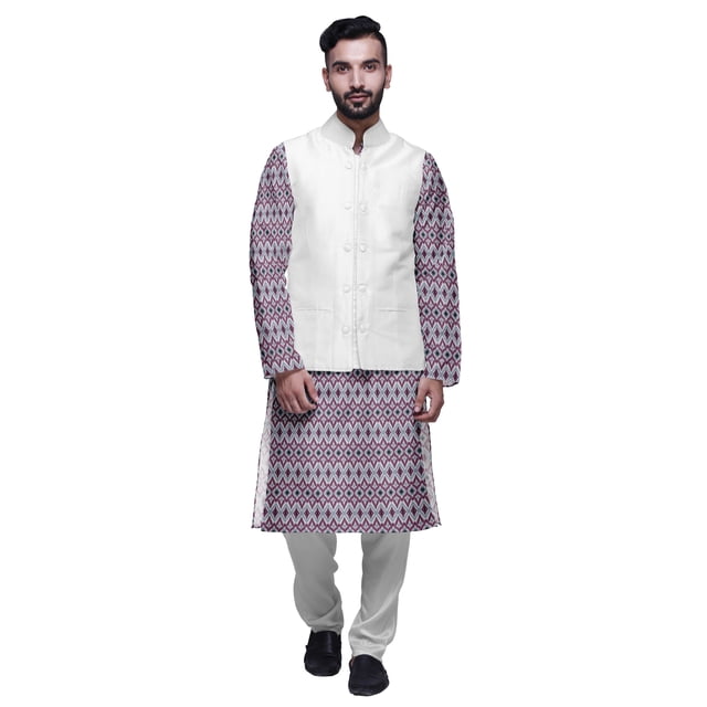 Atasi Kurta Pyjama pour Homme Veste Col Mandarin Indien Imprimé Ensemble de Tenue Ethnique