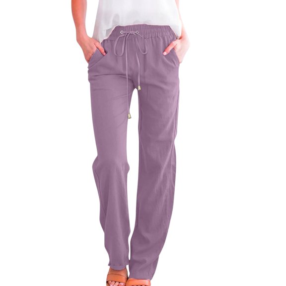OYXSER Womens Linen Pants with Pockets Drawstring Elastic Waist Casual Vacation Straight Leg