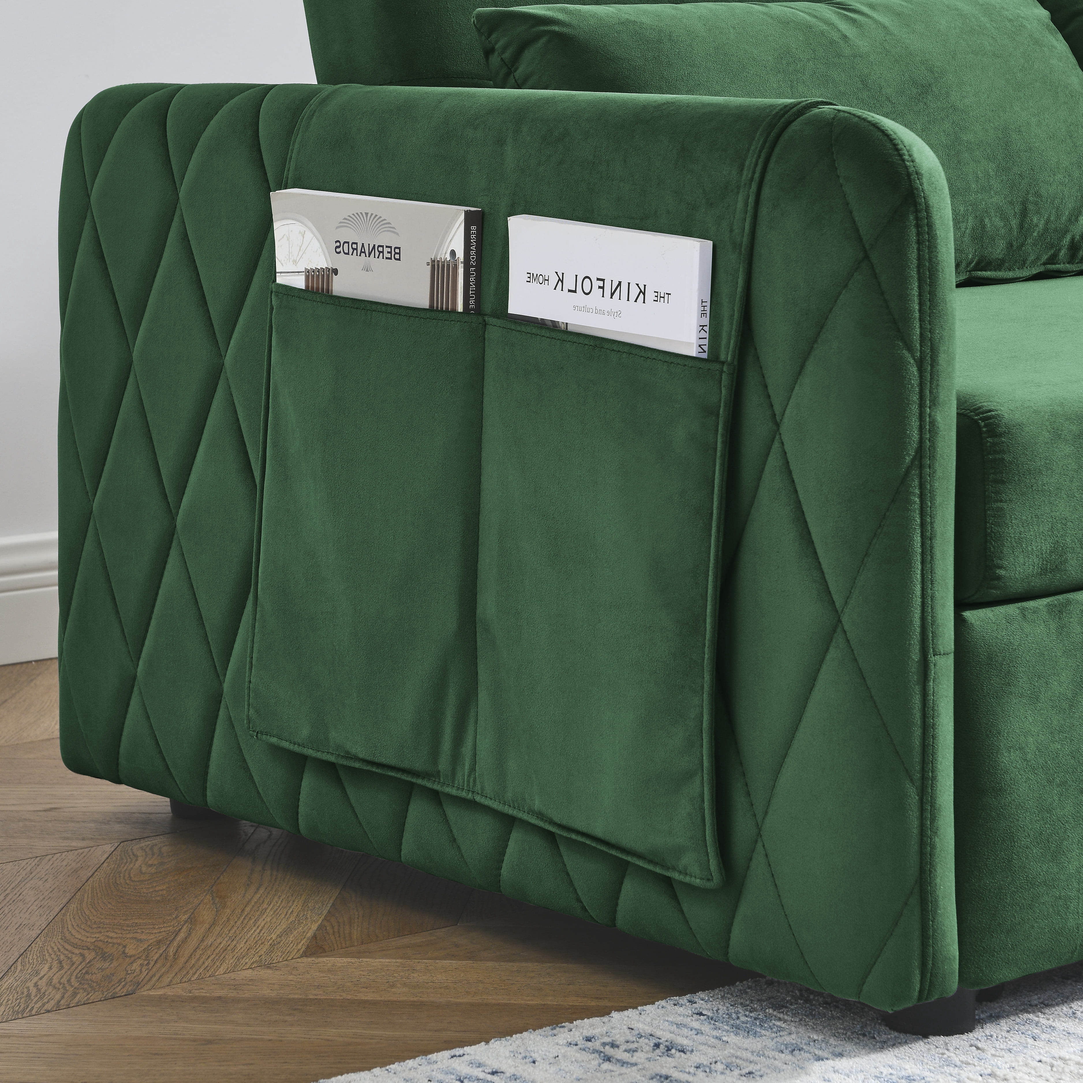 DEALTOPS 55" Modern Velvet Pull Out Sofa Bed Loveseat Lounge Chaise,Sleeper Sofa Bed with Adjustable Backrest 2 Detachable Arm Pockets - Green